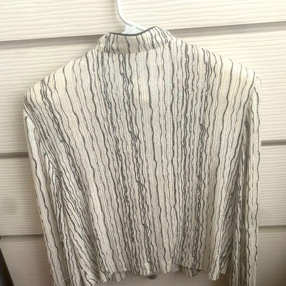 Alex Evenings Top or Cover-White w/ Black & Sparkle Silver Slimming Stripes. - Picture 2 of 10